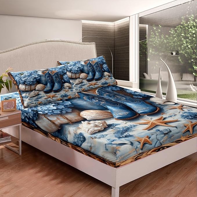 Western Cowboy Fitted Sheet,Blue Tribal Boots Flowers Beach Starfish Shell Conch Soft Decorative Fabric Bedding Rustic Farmhouse Wooden Plank Pocket Twin Size with 1 Pillowcase