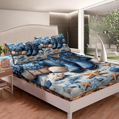 Western Cowboy Fitted Sheet,Blue Tribal Boots Flowers Beach Starfish Shell Conch Soft Decorative Fabric Bedding Rustic Farmhouse Wooden Plank Pocket Twin Size with 1 Pillowcase