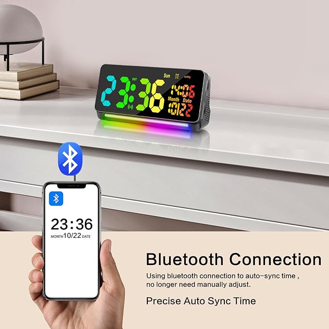 Samshow 120db Super Loud Alarm Clock Heavy Sleepers Adults, Loud Alarm Clock Bluetooth Sync Time,15 Wake Up Sounds, 7 Color Night Light, Dynamic RGB Color, 0-100% Dimmer, Snooze,DST, LED Dispay