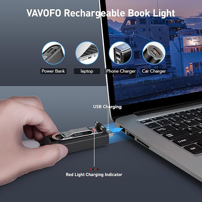 VAVOFO USB Rechargeable Book Light, Blue Light Blocking, Amber Clip-On Bookmark Shaped Reading Light, Eye Care 6 LEDs With 9 Lighting Modes for Bookworms (Grey)