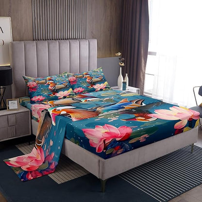 Manfei Rustic Duck Fitted Sheet Set with 2 Pillowcases,3D Print Lake House Farmhouse Animal Bed Sheet Teens,Pink Lotus Botanical Leaves Natural Top Flat Sheet Luxury Microfiber,Queen Size