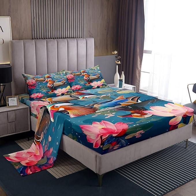 Manfei Rustic Duck Bed Sheet Set for Kids,3D Print Lake House Farmhouse Animal Sheets Set,Pink Lotus Botanical Leaves Natural Home Decor Sheet Sets with Deep Pocket,Top Flat Sheet,Twin Size