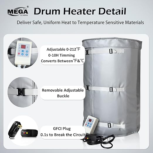 Metal Drum Heater,Industrial Grade/Weather Resistant Drum Heating Blanket,30 Gallon Bucket Heater Fixed Thermostat 212℉,Insulated Bucket Warmer with 10-Hour Timer