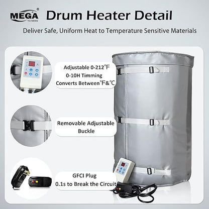 Metal Drum Heater,Industrial Grade/Weather Resistant Drum Heating Blanket,30 Gallon Bucket Heater Fixed Thermostat 212℉,Insulated Bucket Warmer with 10-Hour Timer