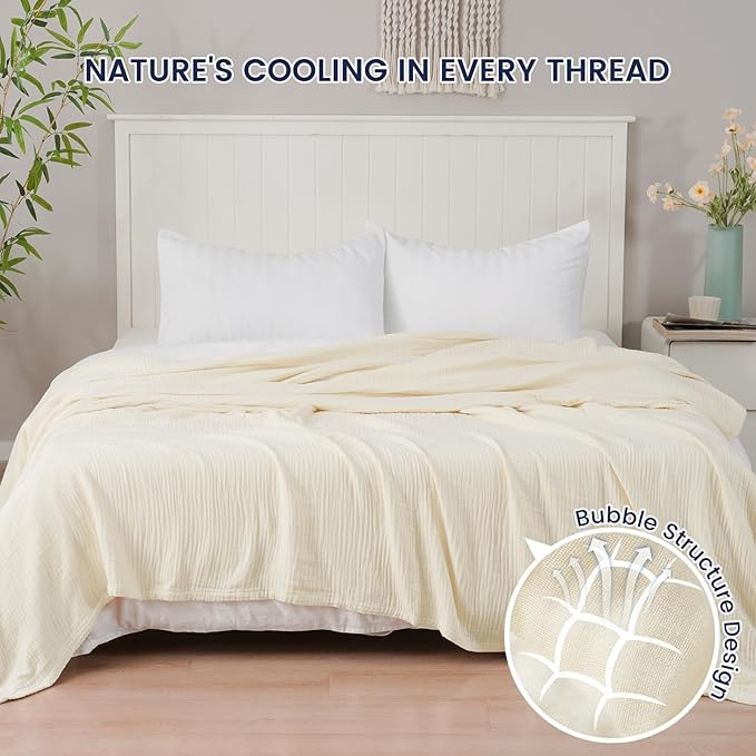 PHF Cooling Muslin Twin Blanket for Hot Sleepers, 60% Rayon Derived from Bamboo, 40% Cotton for Summer, 4-Layer Breathable Gauze Blanket for Bed Couch, 66"x90", Natural/Shortbread