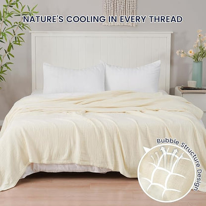 PHF Cooling Muslin King Blanket for Hot Sleepers, 60% Rayon Derived from Bamboo, 40% Cotton for Summer, 4-Layer Breathable Gauze Blanketfor Bed Couch, 108"x90", Natural/Shortbread