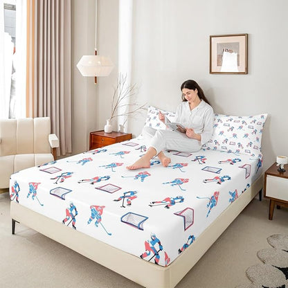 Manfei Hockey Players Kids Sheet King Size, Easy Wash Bedding Set,Winter Sports Games Boys Girls Room Decor,White Blue Sheet(Fitted+Flat+2 Pillowcases)