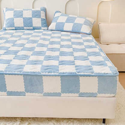 Milk Velvet Checkered Bedding Mattress Cover, Super Soft Elastic Bed Sheets with Pillowcase - Washable 12'' Deep Pocket Mattress Pad