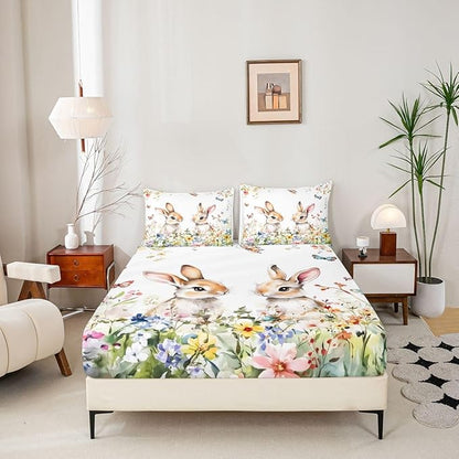 Cute Rabbits Bed Sheet Full Size Easter Watercolor Spring Bedding Set Flower Floral Farmhouse Fitted Sheet Kids Boys Girls Room Decor White Colorful Soft Sheets with 2 Pillowcase,No Top Flat
