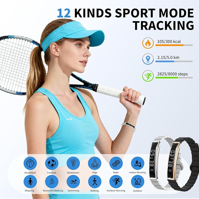 Lightweight Smart Bracelet for Women Men, Step Tracker Watch Wristband With 24/7 Heart Rate Sleep Monitor, 12 Sport Modes Fitness Trackers, Waterproof Health Band Fits Android IOS (Black+Black)