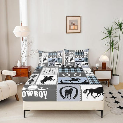 Western Cowboy Kids Sheet Full Size,Horseshoes Cactus Rustic Farmhouse Bedding Set,Boys Girls Adults Room Decor,Arrow Geometric Plaids Blue Retro Bed Sheet Set 4pcs(Fitted + Flat + 2 Pillowcases)