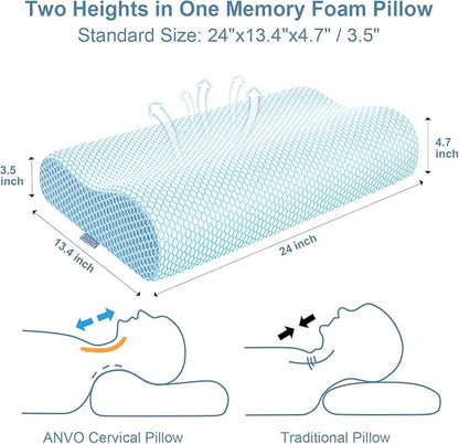 Anvo Memory Foam Pillow, Neck Contour Cervical Orthopedic Bed Pillow for Sleeping Side Back Stomach Sleeper, Ergonomic Design for Neck and Shoulder Pain Relief, Blue White, Firm