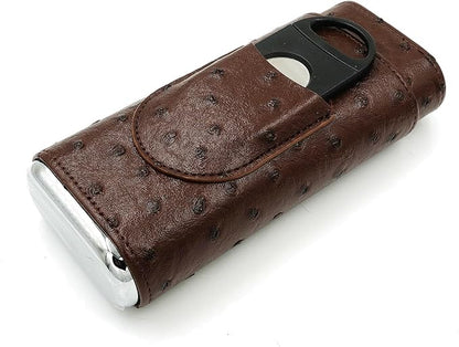 Brown Cigar Case with Cutter - Portable Leather Travel Cigar Holder and Small Humidifier Kit for Men