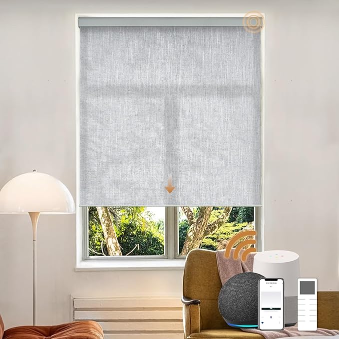 Motorized Light Filtering Roller Shades with Remote Control, Electric Smart Shades Compatible with Alexa and Google, Rechargeable, Customizable Size (Textured Light Gray)