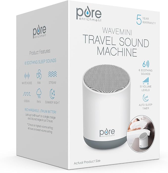 Pure Enrichment Wave Mini Travel Sound Machine - 6 Soothing Sounds Including White Noise, Seamless Loop Audio, Rechargeable Battery, 48 Hour Run Time, Optional Timer, and Storage Bag