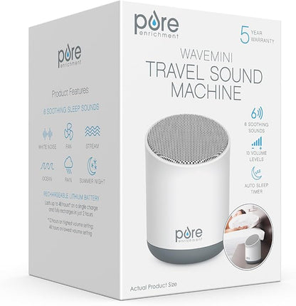 Pure Enrichment Wave Mini Travel Sound Machine - 6 Soothing Sounds Including White Noise, Seamless Loop Audio, Rechargeable Battery, 48 Hour Run Time, Optional Timer, and Storage Bag