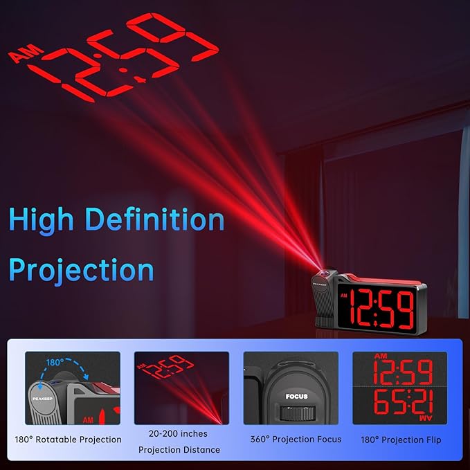 Peakeep Projection Alarm Clock for Bedroom Ceiling 180° Rotatable, Loud for Heavy Sleepers, Colorful Nightlight, 5 Brightness Dimmable Large Number Bedside Electric LED Digital Clock with USB Port