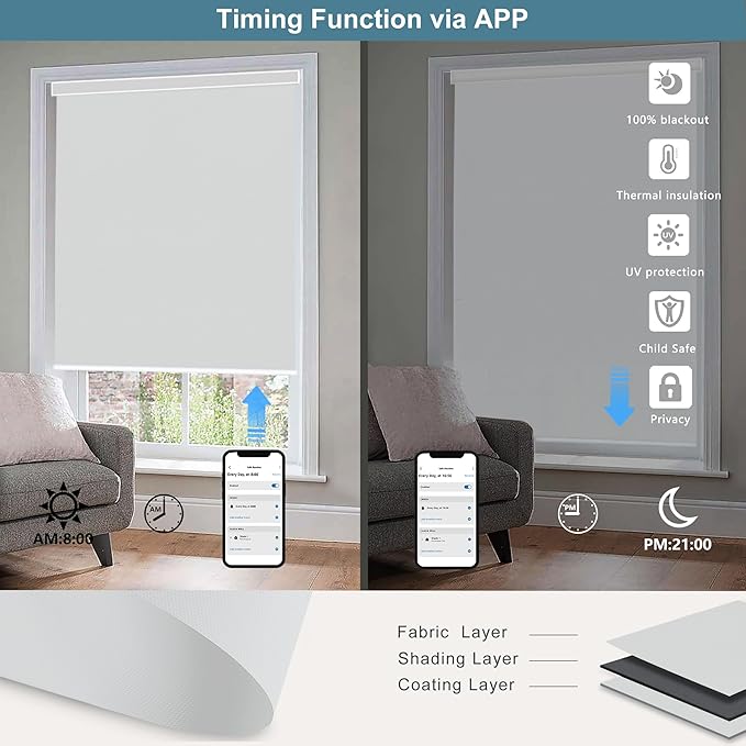 Bringnox Motorized Blinds with Remote,100% Blackout Smart Roller Blinds Compatible with Apple Homekit Google Home and Alexa Via HUB,and Customized (Vinyl White Grey-15)
