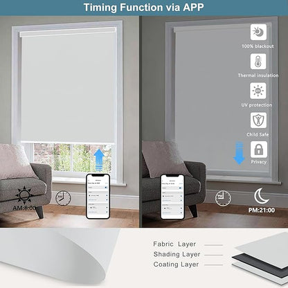 Bringnox Motorized Blinds with Remote,100% Blackout Smart Roller Blinds Compatible with Apple Homekit Google Home and Alexa Via HUB,and Customized (Vinyl White Grey-15)