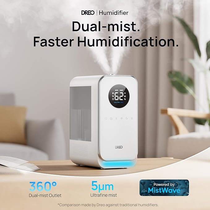 DREO Humidifiers for Bedroom, Top-filled Smart Quiet Cool Mist Humidifiers for Large Room Home, Oil Diffuser & Nightlight, 50Hours Runtime for Indoor Plants, with Alexa/Google, Grey