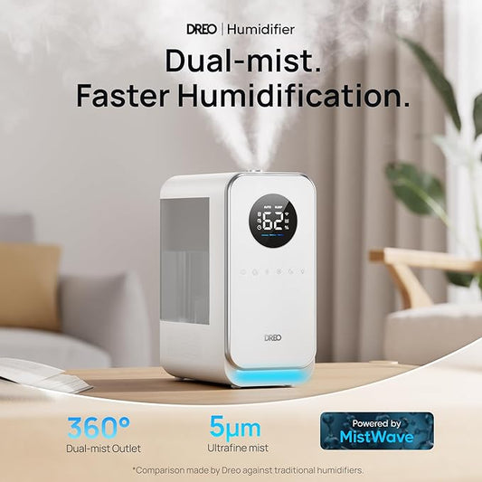 DREO Humidifiers for Bedroom, Top-filled Smart Quiet Cool Mist Humidifiers for Large Room Home, Oil Diffuser & Nightlight, 50Hours Runtime for Indoor Plants, with Alexa/Google, Grey