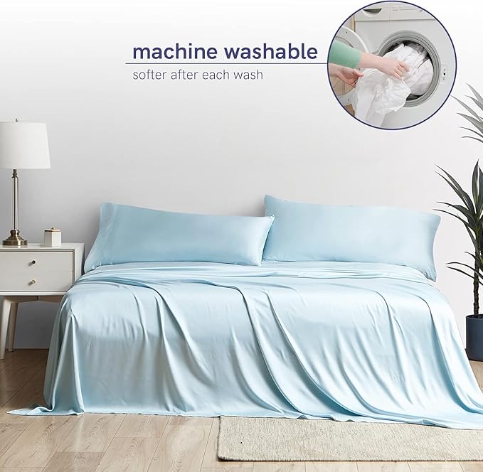 YnM Cooling Bed Sheet Set with 100 Percent Rayon Derived from Bamboo, 400TC Fabric with 1 Pillowcase and Flat Sheet, Deep Pocket Fit 19'', Silky-Soft & Sweat Wicking, 3 Piece (Twin, Light Blue)