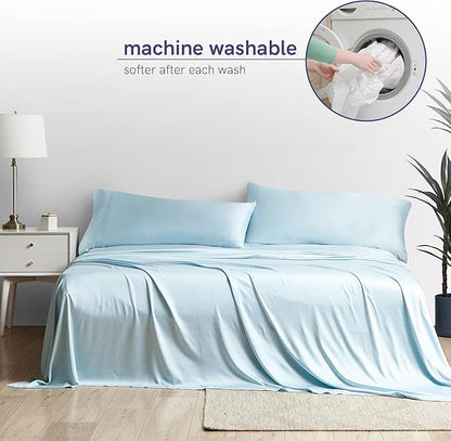 YnM Cooling Bed Sheet Set with 100 Percent Rayon Derived from Bamboo, 400TC Fabric with 1 Pillowcase and Flat Sheet, Deep Pocket Fit 19'', Silky-Soft & Sweat Wicking, 3 Piece (Twin, Light Blue)