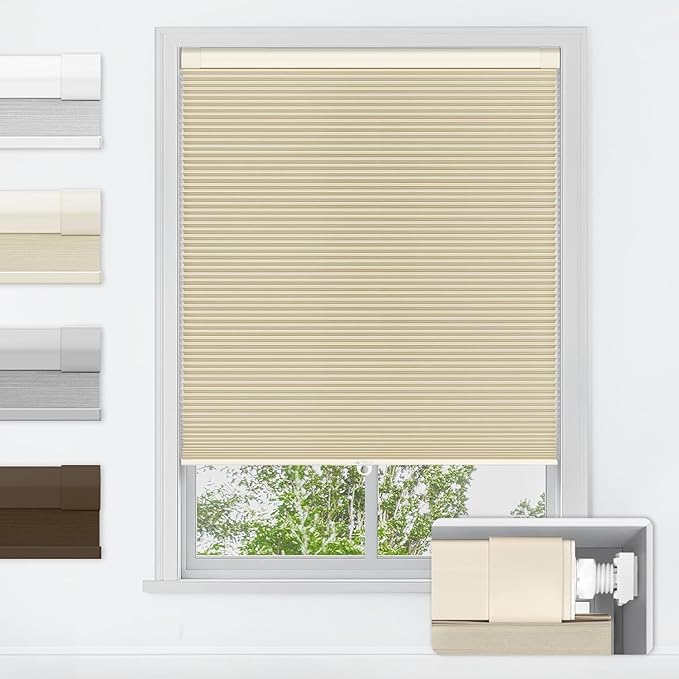 LazBlinds No Tools No Drill Cordless Cellular Shades, Blackout Light Blocking Honeycomb Shades for Home, Thermal Insulation Blinds for Windows, 32" W x 48" H, Beige