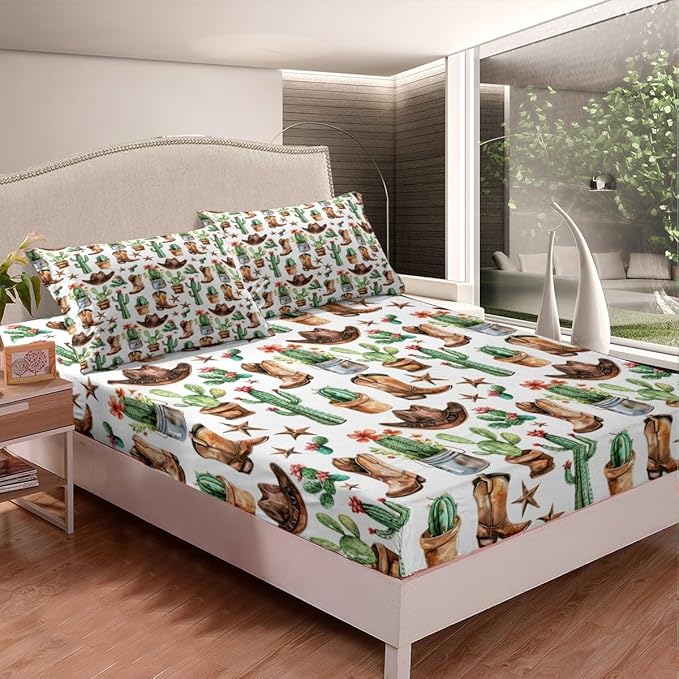 Cowboy Boots Hats Bed Sheet Set Home Decor American Western Tribal Texas Star Vintage Sheet Sets Deep Pocket,Rustic Desert Cactus Natural Mattress Cover,Twin Size with 1 Pillowcase