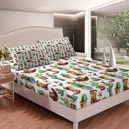 Cowboy Boots Hats Bed Sheet Set Home Decor American Western Tribal Texas Star Vintage Sheet Sets Deep Pocket,Rustic Desert Cactus Natural Mattress Cover,Twin Size with 1 Pillowcase