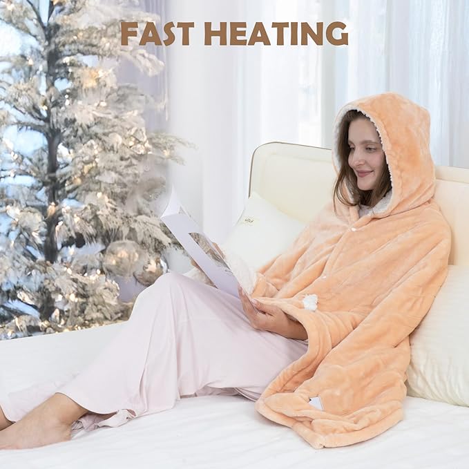 Wearable Heated Blanket, 40"x70" Eletric Throw with 6 Heating Levels and 12 Hours Timer, Heated Wrap Poncho Shawl & Hoodies with Pockets, Machine Washable with ETL Certification, Beige