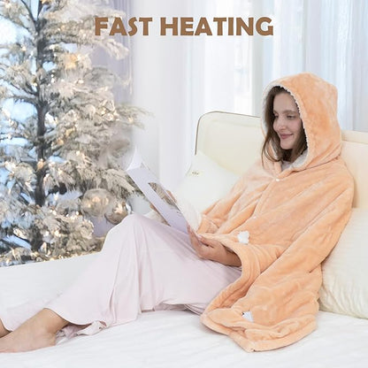 Wearable Heated Blanket, 40"x70" Eletric Throw with 6 Heating Levels and 12 Hours Timer, Heated Wrap Poncho Shawl & Hoodies with Pockets, Machine Washable with ETL Certification, Beige