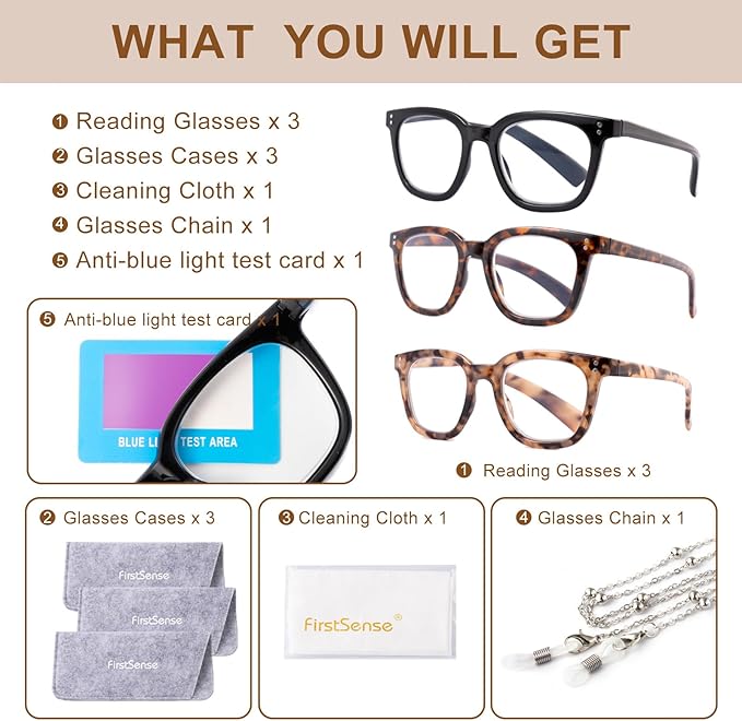 3 Pack Reading Glasses for Women Men, Square Blue Light Blocking Reading Glasses with Spring Hinge Anti Eyestrain Eyeglasses, Computer Readers with Glasses Chain, +3.0