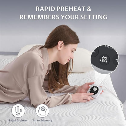 Queen Size Electric Heated Mattress Pad - Bed Warmer with Memory & Preheat Functions, 12 Heat Settings Dual Control for 1-12 Hours Auto Off, Lighted Button