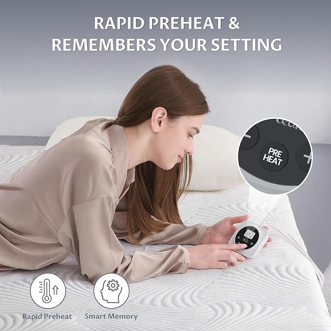 Full Size Electric Heated Mattress Pad - Bed Warmer with Memory & Preheat Functions, 12 Heat Settings Single Control for 1-12 Hours Auto Off, Lighted Button