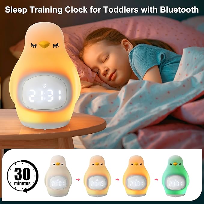 Kids Sleep Training Alarm Clock: App Control Night Light, Silicone, Sunrise Simulation, Rechargeable, Toddler Wake-Up Clock, Cute Penguin