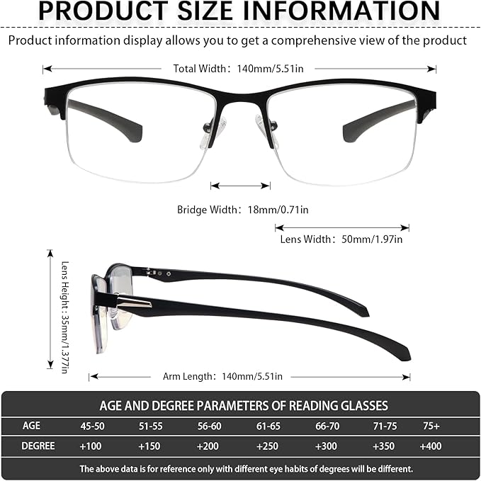 CLASAGA Progressive Multifocus Reading Glasses for Men,Lightweight Metal Half Frame Blue Light Blocking Computer Readers