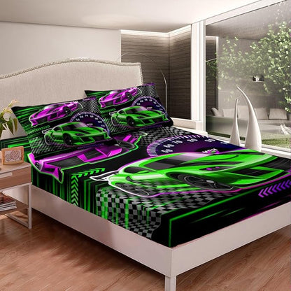 Cool Colorful Sports Car Full Size Fitted Sheet,Competition Themed 3 Pieces Kids Teenager Room Decor Extreme Sports Pocket 2 Pillowcases