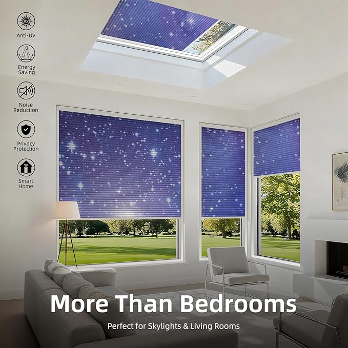 ZSTARR Motorized Skylight Shades Blackout Cellular Honeycomb Electric Blinds with Solar Panel Cordless Rechargeable with Remote for Roof and Slanted Windows Custom Size (Black Out Starry Sky)