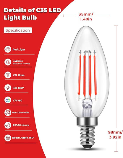 E12 LED Red Light Bulb for Christmas, C35 LED E12 Filament Candle Bulb 4W (40W Equivalent) E12 Base Red Lighting for Halloween, Party Decor, Sleep Lights, Bedroom, Porch Lights, Non-Dimmable, 3 Pack