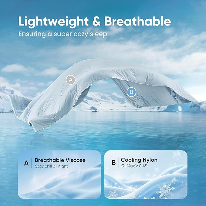 Snuggle Sac Natural Viscose Cooling Comforter King Size, Lightweight Breathable Silky Cooling Bedding with Q-Max>0.45 for Bedroom, Home Decor, Hot Sleepers & Night Sweats, Ice Blue 106"x90"