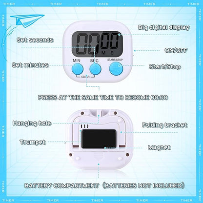 Mwellewm 12Pcs Digital Timers for Classroom Kitchen Timers for Cooking Small Magnetic Stopwatch Mini Countdown Timer Loud Alarm Stop for Study Work Baking Sports Games Office Timer Clock (White)