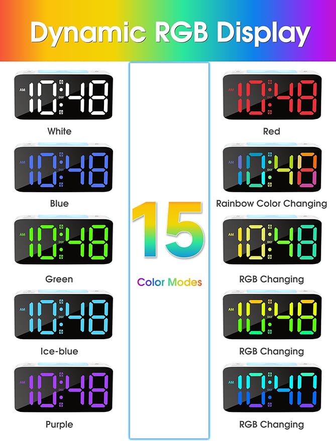 Cadmos Super Loud Alarm Clock for Heavy Sleepers Adults,Digital Clock with 7 Color NightLight,Adjustable Volume,USB Charger,Small Clocks for Bedrooms Bedside,ok to Wake for Kids,Teens (Black+RGB)