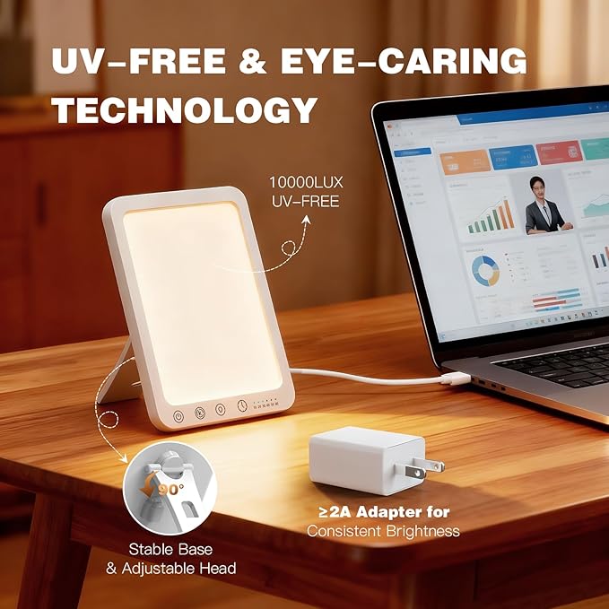 Light Therapy Lamp-10000 Lux UV-Free Portable Warm Light Therapy for Improving Mood & Enhance Sleep, Sun Lamp LED Therapy with 3 Colors, 5 Brightness, Happy Lamp for Home & Office