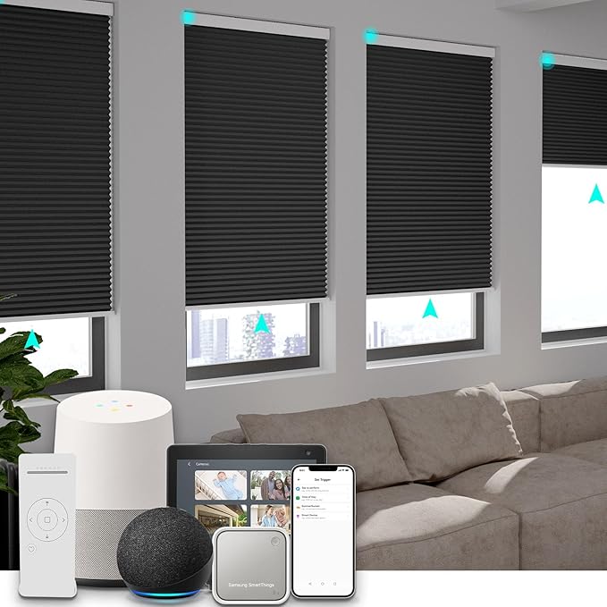 Changshade Automatic Blackout Blinds Motorized Cellular Shades with Remote Control Custom Size, Honeycomb Electric Smart Blinds for Indoor Windows Work with Alexa, Google Home, Light Blocking, Black