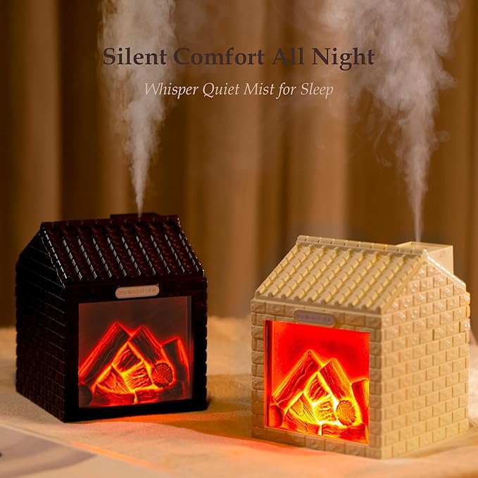 Mini Fireplace Cool Mist Humidifier with Flame Light, USB Powered, Auto Shut-Off, Portable for Bedroom Office Travel, 200ml, Beige