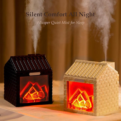 Mini Fireplace Cool Mist Humidifier with Flame Light, USB Powered, Auto Shut-Off, Portable for Bedroom Office Travel, 200ml, Beige