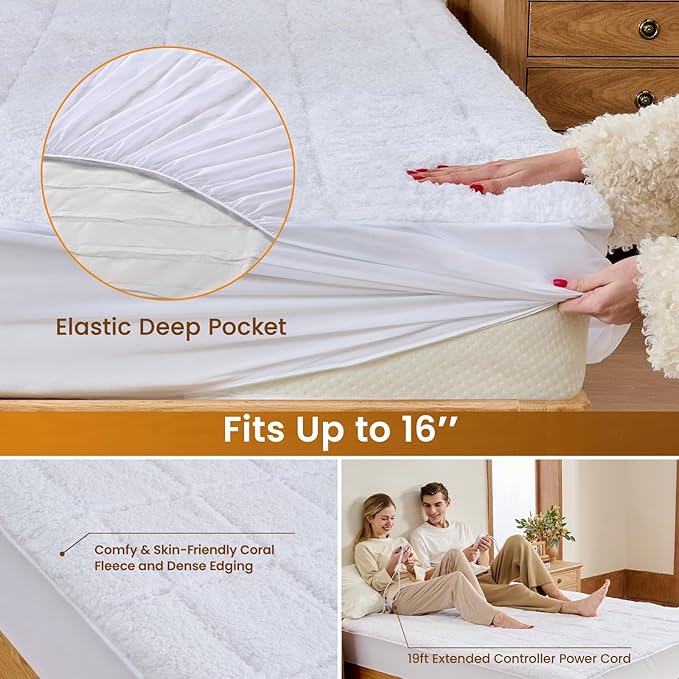 Bearhug Electric Heated Mattress Pads King Size 78”×80” Sherpa Bed Warmer with 16” Deep Pocket 10 Heat Settings 12-Hour Timer Machine Washable White