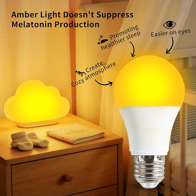 1800K Amber Light Bulbs for Sleep, 5W Blue Light Free Light Bulbs, Promote Melatonin Production, Relieve Stress, Assisting Sleep, a19 Amber Night Light qith E26/E27 Base for Most Lamps, 4PK