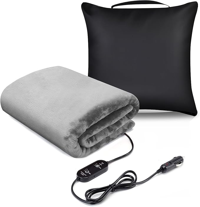 Heated Car Blanket DC12V-24V Electric Blanket for Car Camping, Portable Washable Heated Blanket with Timer, 3 Heat Settings, Heated Throw Blanket for Road Trip (Gray + Pillowcase)